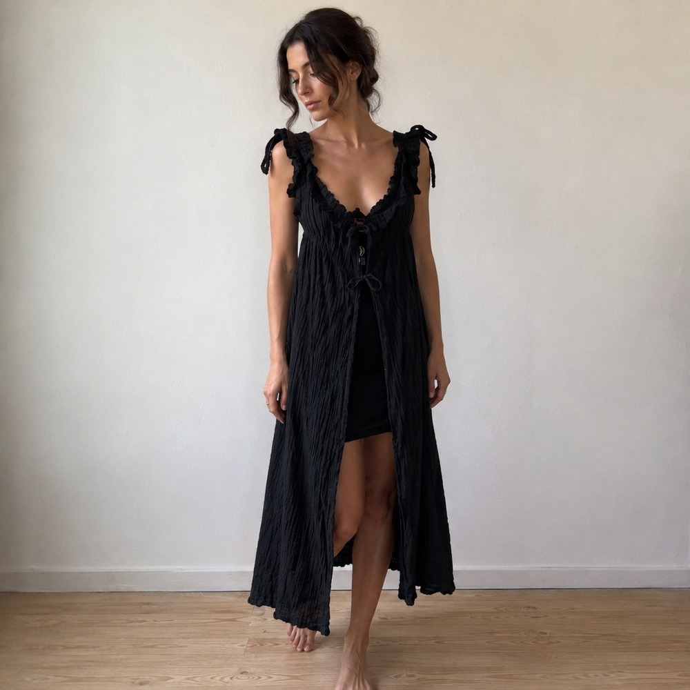 Nuit Women Duster Dress II Black Ruffled Tie-Front Textured Goth Witchy Ethereal